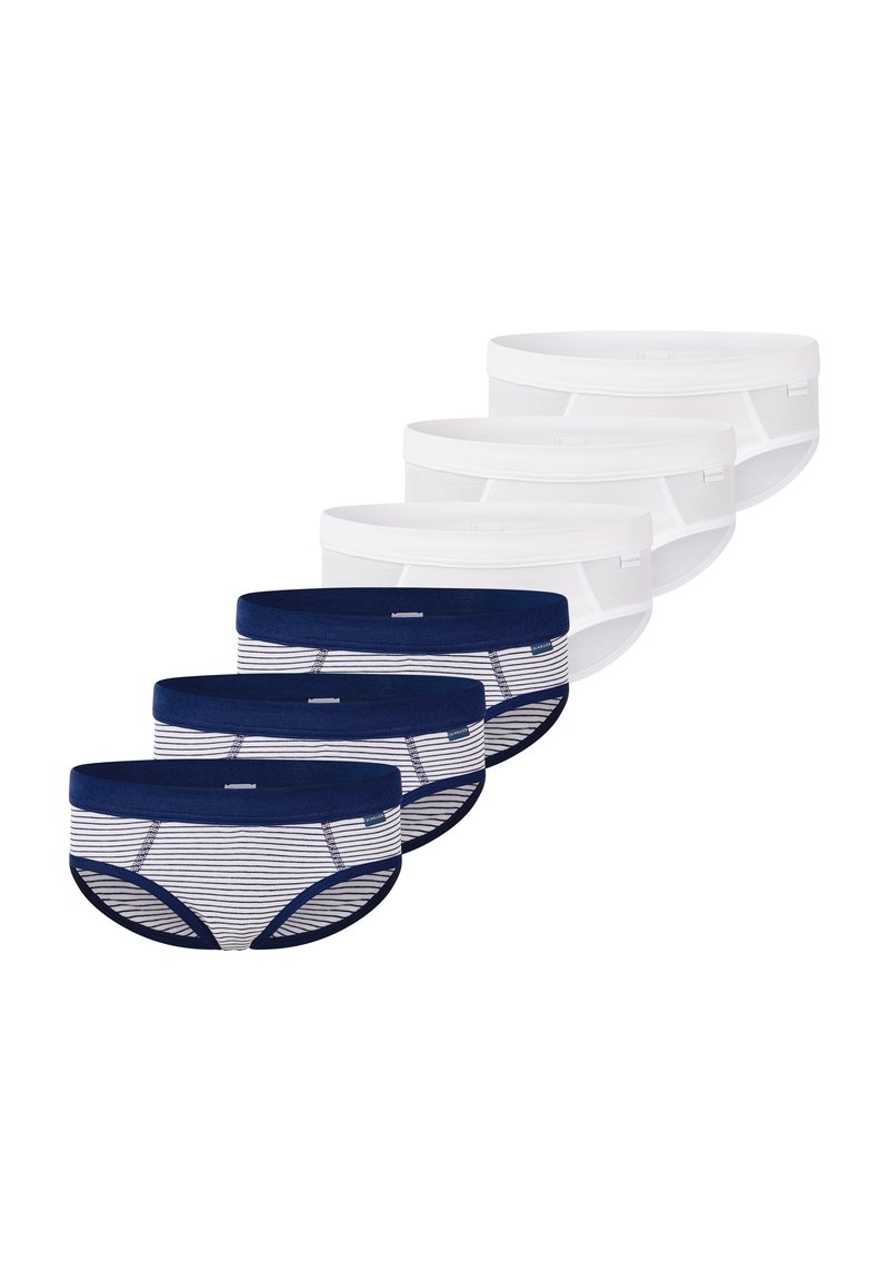 Pack mit fünf Unterhosen. Drei weiße Paare und zwei marineblaue mit weißen Streifen. Aus Baumwollmaterial, im Briefdesign, mit elastischem Bund und glatter Textur.