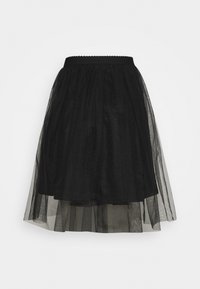 Black tulle skirt with a gathered waist,  short inner lining, and a sheer outer layer featuring a subtle shimmer. Scalloped waistband detail.
