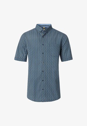 Kurzärmliges Button-down-Hemd in Blau mit geometrischem Muster, ausgestattet mit einem Kragen und dunklen Knöpfen, leichtem Stoff und glatter Textur.