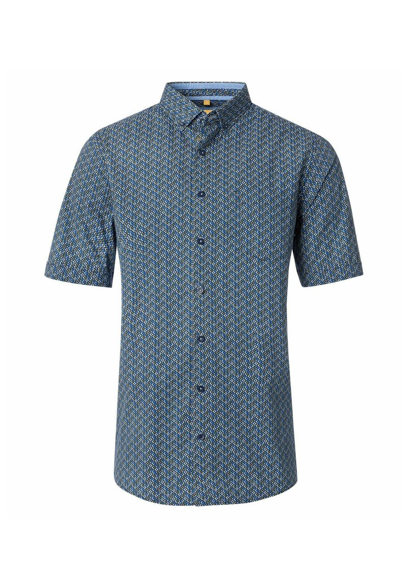 Korte mouw button-up shirt in blauw met een geometrisch patroon, gekenmerkt door een kraag en donkere knopen, van lichtgewicht stof met een gladde textuur.