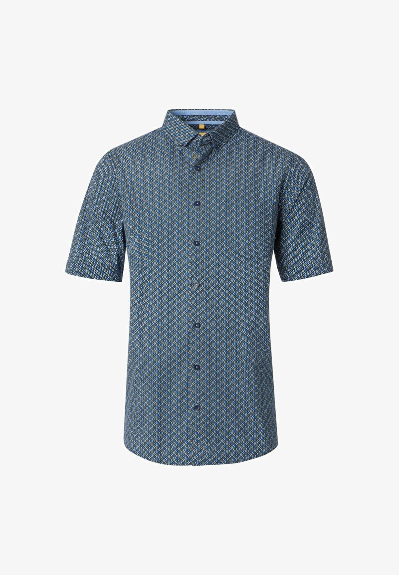 Korte mouw button-up shirt in blauw met een geometrisch patroon, gekenmerkt door een kraag en donkere knopen, van lichtgewicht stof met een gladde textuur.
