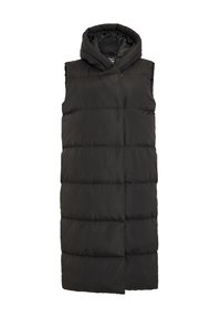 Chaleco acolchado negro con capucha, con un diseño largo y sin mangas, textura acolchada y cierre de cremallera en la parte delantera.