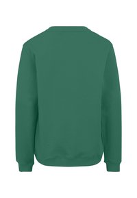 Felpa verde con collo rotondo, maniche lunghe e polsini a coste. Il tessuto sembra morbido con una consistenza liscia e senza motivi o dettagli visibili.