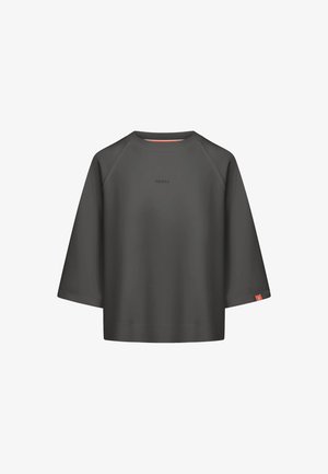 Ciemnoszara, oversize'owa bluza z raglanowymi rękawami. Posiada subtelne logo, krótki krój i małą czerwoną metkę na lewym dolnym brzegu. Gładka faktura.