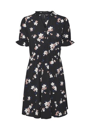 Czarna sukienka do kolan z białym i różowym kwiatowym wzorem, krótkimi falbaniastymi rękawami, dekoltem w serek i zapięciem na guziki z przodu.