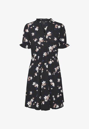 Robe noire mi-longue au genou avec un motif floral blanc et rose, manches courtes à volants, décolleté en V et devant boutonné.