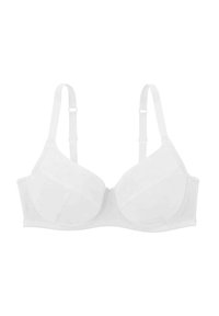 Soutien-gorge blanc avec des bonnets moulés, des bretelles réglables et un motif texturé sur le tissu. Design simple avec une fermeture dans le dos à crochets et œillets classique.