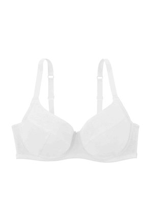 Soutien-gorge blanc avec des bonnets moulés, des bretelles réglables et un motif texturé sur le tissu. Design simple avec une fermeture dans le dos à crochets et œillets classique.