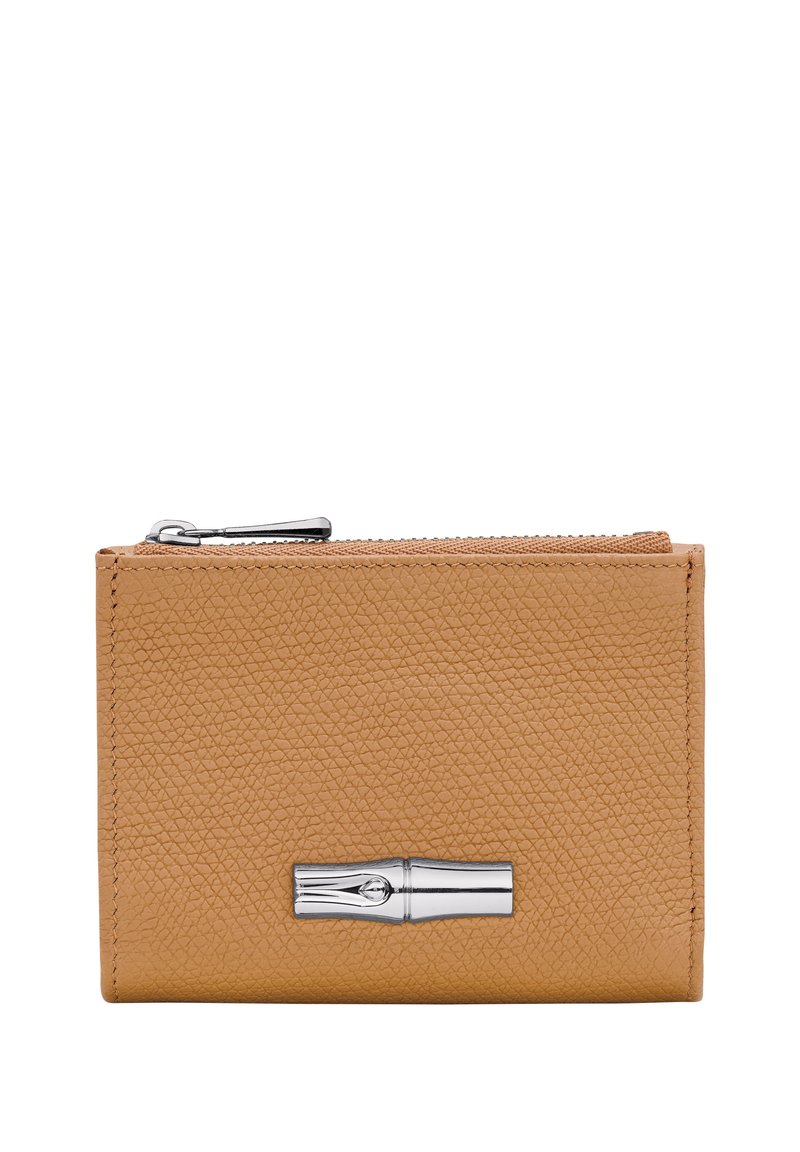Leather wallet in a tan color with a textured surface, featuring a silver metal accent and a zip closure along the top edge.