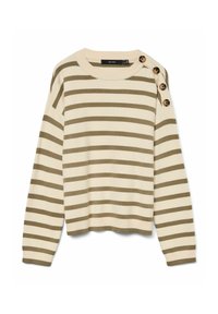 Pull crème avec des rayures horizontales vert olive, col et poignets côtelés, et boutons décoratifs sur l'épaule gauche.