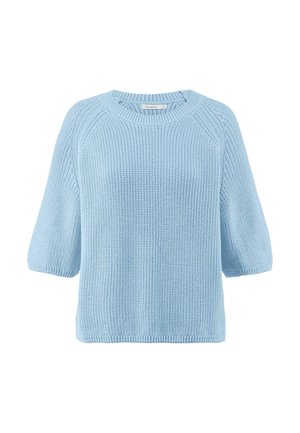 Pullover en maille bleu clair à manches courtes, avec un col rond et une coupe décontractée. La texture est épaisse et il présente des bords côtelés aux poignets et à l'ourlet.