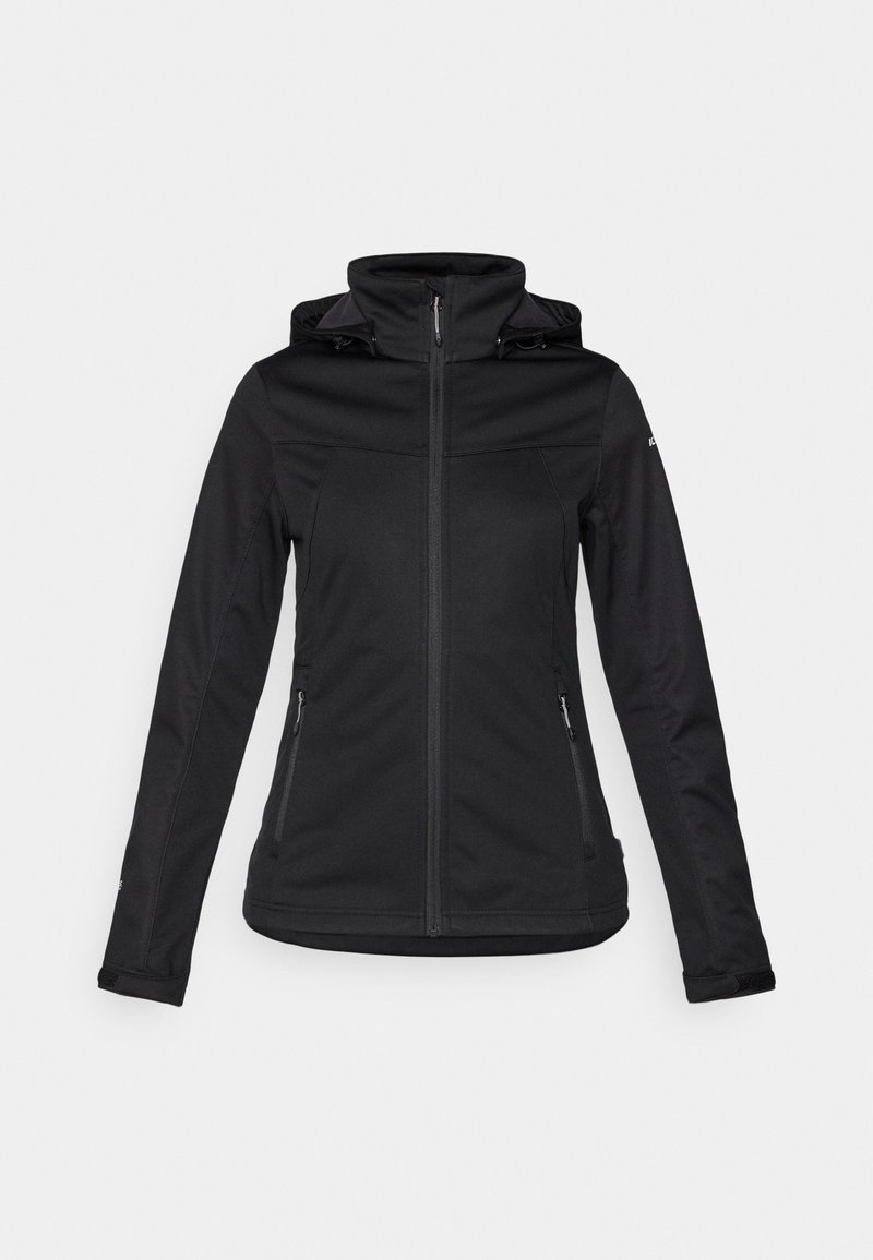 Chaqueta softshell negra con cremallera frontal, capucha ajustable, dos bolsillos laterales, mangas largas y material texturizado.