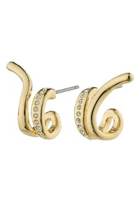 Goldfarbene Ohrringe mit spiralem Design, die auf einer Seite mit klaren Kristallen besetzt sind. Elegante, polierte Oberfläche und geschwungene Form.