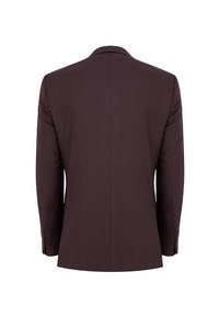 Brązowa marynarka szyta na miarę o gładkiej fakturze, z jednym rozcięciem z tyłu i trzema guzikami na każdym rękawie. Widziana z tyłu, prezentuje się w strukturalnym designie i czystych liniach.