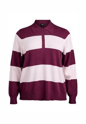 Burgundy and pink striped sweater with a collar, buttoned placket, long sleeves, and ribbed cuffs. Soft texture and relaxed fit.