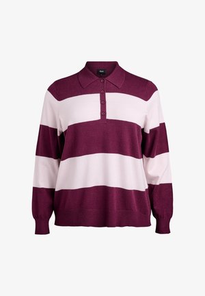Bordeaux- und rosa gestreifter Pullover mit Kragen, geknöpfter Leiste, langen Ärmeln und gerippten Bündchen. Weiche Textur und lässige Passform.