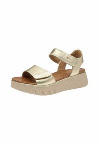 Gouden metallic sandalen met twee brede banden, een platformzool met verticale ribbelstructuur en een gevoerd voetbed.