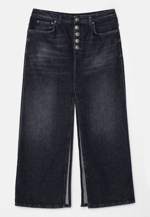 Pantaloni culotte in denim scuro con vita alta e chiusura a cinque bottoni argentati. Presentano due tasche frontali e spacchi laterali all'orlo.