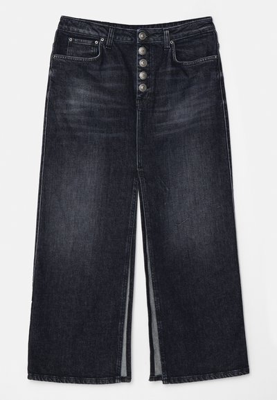 Pantaloni culotte in denim scuro con vita alta e chiusura a cinque bottoni argentati. Presentano due tasche frontali e spacchi laterali all'orlo.