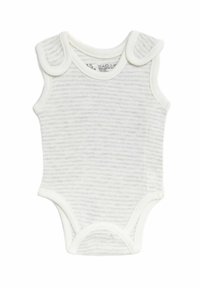 Biały i szary pasiasty bodysuit bez rękawów z zapięciami na ramionach, miękka bawełniana tkanina i okrągły dekolt z prążkowanym wykończeniem.