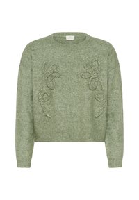Pull vert en tricot avec col rond, épaules tombantes et broderie florale en relief sur le devant. Tissu doux et confortable.