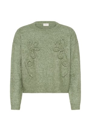 Pull vert en tricot avec col rond, épaules tombantes et broderie florale en relief sur le devant. Tissu doux et confortable.