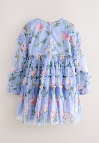 Blue long-sleeve toddler dress with pink rose print, ruffled tiers, buttons on back, and elastic cuffs on sheer fabric sleeves.