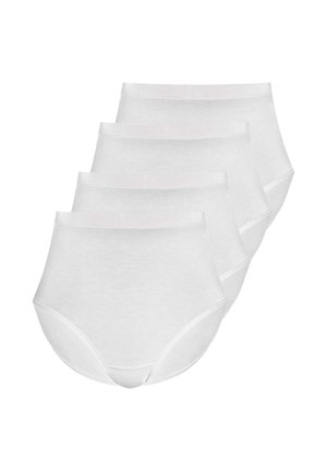 Four white, high-waisted cotton briefs stacked slightly overlapping on a plain white background.