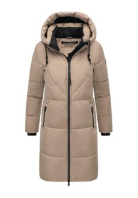Beige polstret parka med snoretræk i hætten, lynlåslukning, to sidelommer og sorte accenter. Har et geometrisk quiltet design.