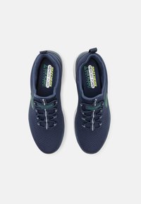Navy blue athletic shoes with breathable mesh upper, memory foam insole, gray accents, and elastic laces. Lightweight and flexible design.