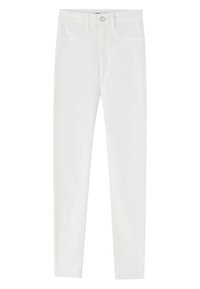 Jean skinny blanc taille haute avec bouton devant, poches et passants pour ceinture, présenté à plat sur fond blanc.