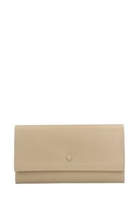 Portafoglio in pelle beige con finitura testurizzata, dotato di una patta anteriore e una chiusura a pulsante a scatto. Design semplice, forma rettangolare.