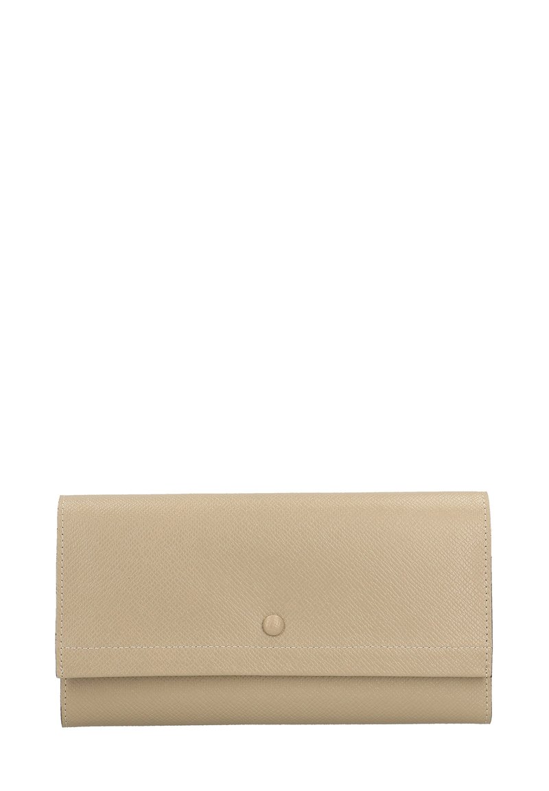 Portafoglio in pelle beige con finitura testurizzata, dotato di una patta anteriore e una chiusura a pulsante a scatto. Design semplice, forma rettangolare.