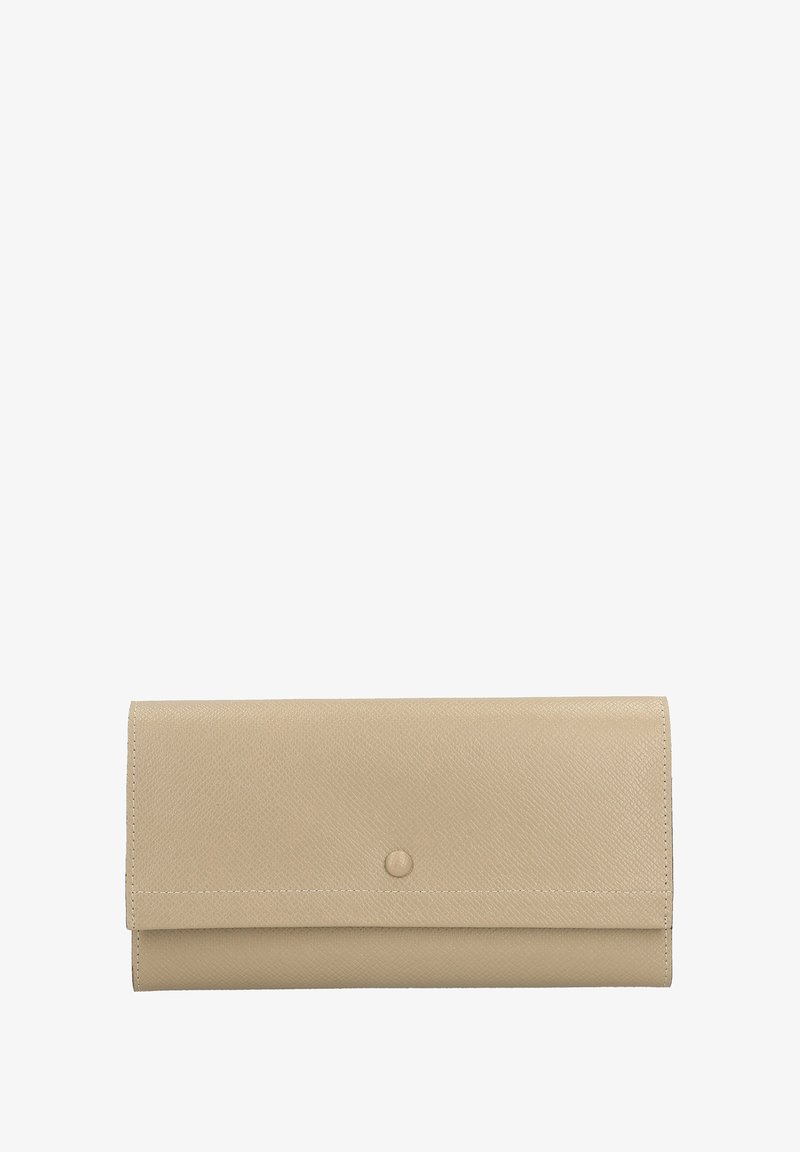 Beige leather wallet with a textured finish, featuring a front flap and a snap button closure. Simple design, rectangular shape.