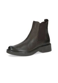 Botas de tobillo de cuero negro con un acabado texturizado, paneles laterales elásticos y un tacón bajo y grueso. Punta redondeada y tirador en la parte posterior.