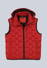 Rote gesteppte Weste mit Reißverschluss vorne, Kapuze und zwei Seitentaschen. Verfügt über ein gestepptes Design und einen schwarzen Besatz an den Kanten.