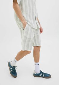 Camisa ligera de rayas de manga corta en blanco y verde claro con pantalones cortos a juego. Zapatillas casuales azul oscuro y calcetines blancos.