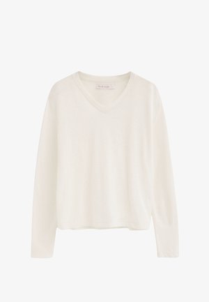 White long-sleeve V-neck sweater with a relaxed fit and lightweight fabric, displayed on a white background.