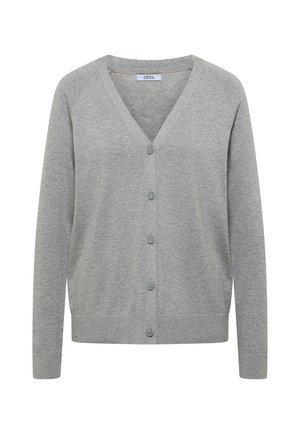 Jasnoszary kardigan z długim rękawem, dekoltem w serek, pięcioma guzikami z przodu, ściągaczami na mankietach i dole oraz metką "CECIL" wewnątrz kołnierza.