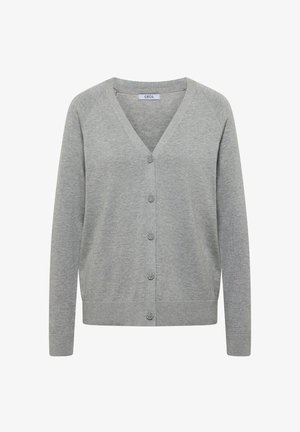 Lichtgrijze cardigan met lange mouwen, V-hals, vijf knopen aan de voorkant, geribbelde manchetten en zoom, en een "CECIL"-label aan de binnenkant van de kraag.