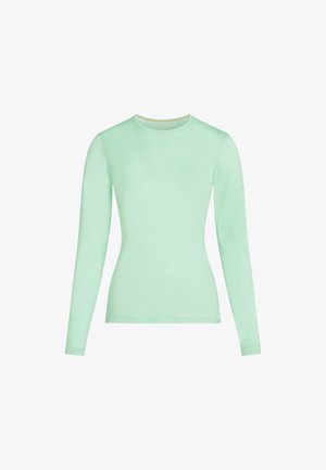 Mintgrøn langærmet tætsiddende t-shirt med rund hals og ensfarvet design på hvid baggrund.