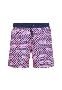 Shorts de bain rose et marine avec un motif de coquillage, dotés d'une taille à cordon de serrage et d'accents sur les côtés. Fabriqués en tissu léger.