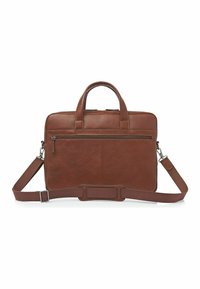 Braune Lederaktentasche mit zwei Griffen und abnehmbarem Schultergurt. Verfügt über eine glatte Textur, eine Reißverschluss-Tasche auf der Rückseite und kontrastierende Nähte.