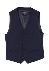 Marineblaues ärmelloses Weste, glatte Textur, vier Knöpfe vorne, zwei Seitentaschen, V-förmiger Saum mit einem dezenten Glanz im Inneren.