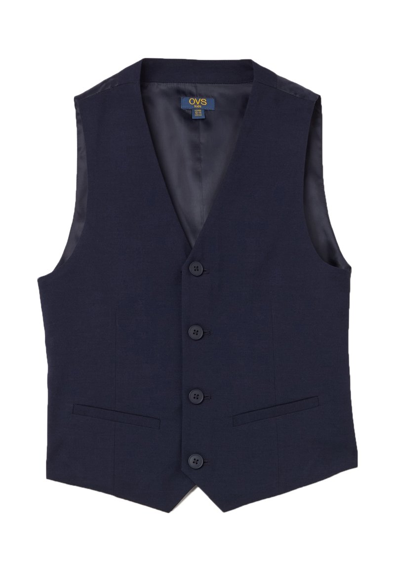 Marineblaues ärmelloses Weste, glatte Textur, vier Knöpfe vorne, zwei Seitentaschen, V-förmiger Saum mit einem dezenten Glanz im Inneren.