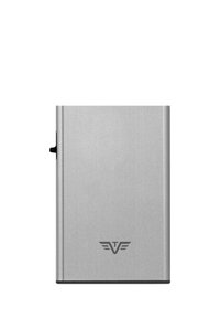 Silver rectangular metal wallet with a textured surface, featuring a black sliding mechanism and a small logo at the bottom.