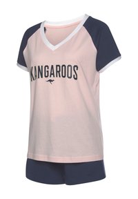 Pinker und dunkelblauer Kurzarm-Pyjama-Set mit V-Ausschnitt, das einen auffälligen "KANGAROOS"-Druck und ein Känguru-Logo auf der Vorderseite zeigt. Aus weichem Baumwollmaterial.