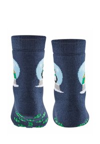 Marineblaue Socken mit Schneekugel-Designs von Pinguinen und Weihnachtsbäumen. Gerippte Bündchen, strukturierte Sohlen mit grünen Grip-Mustern.