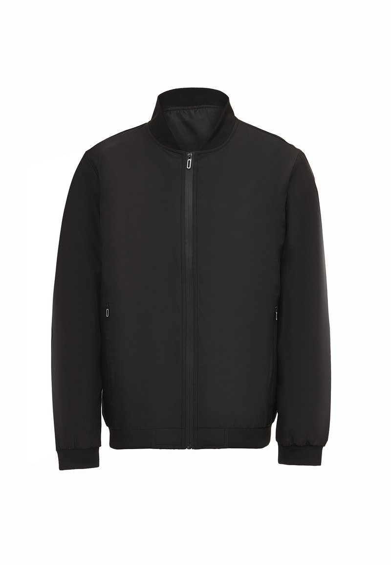 Giacca bomber nera realizzata in tessuto liscio, con colletto rialzato, zip frontale, tasche laterali e polsini ed orlo elasticizzati.