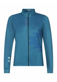 Blauwe zip-up jas met een hoge kraag, voorzien van een grafisch patroon en logo-afdruk in contrasterende kleuren op de voorkant en mouw.